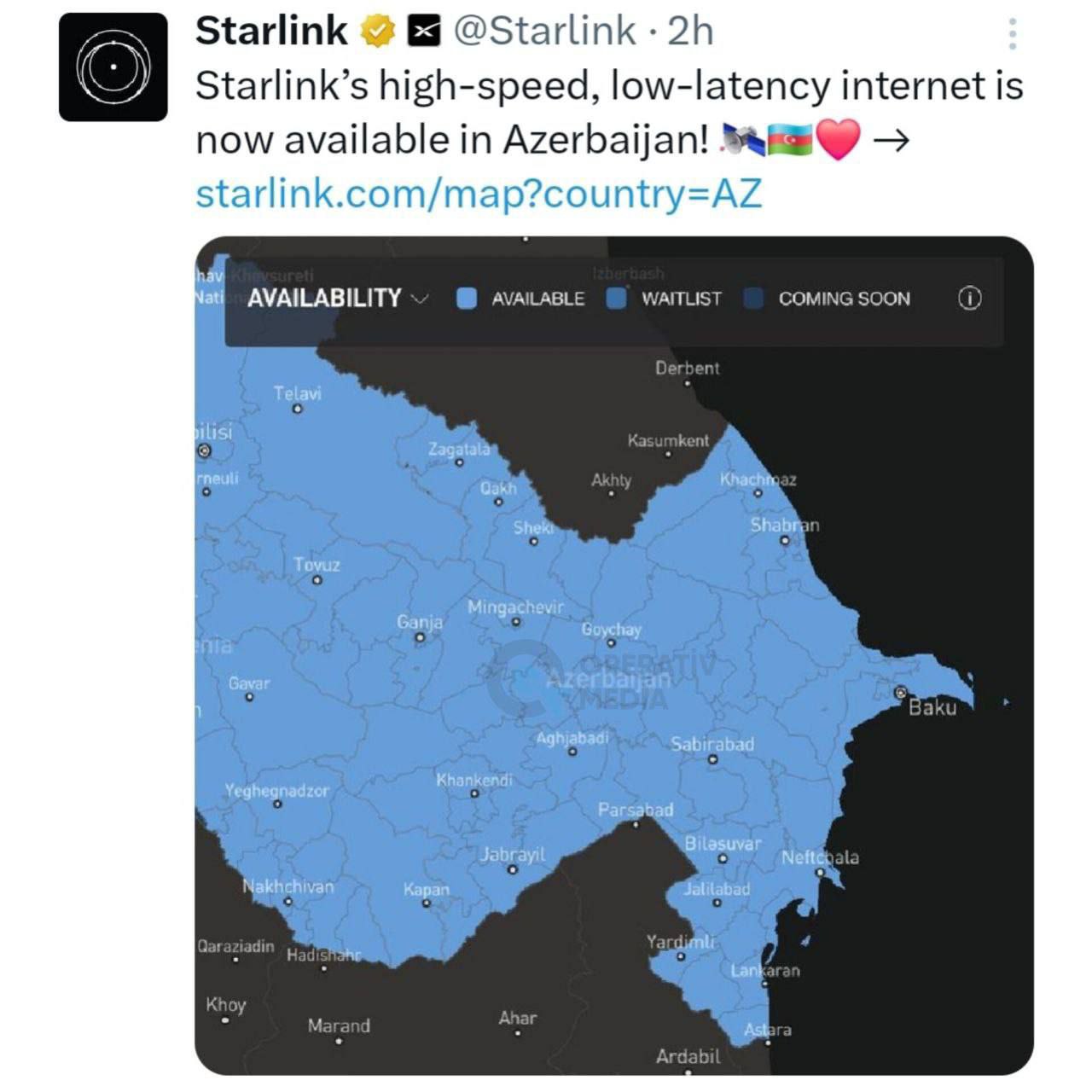 "Starlink"in yüksəksürətli internet xidməti Azərbaycanda aktivləşib.